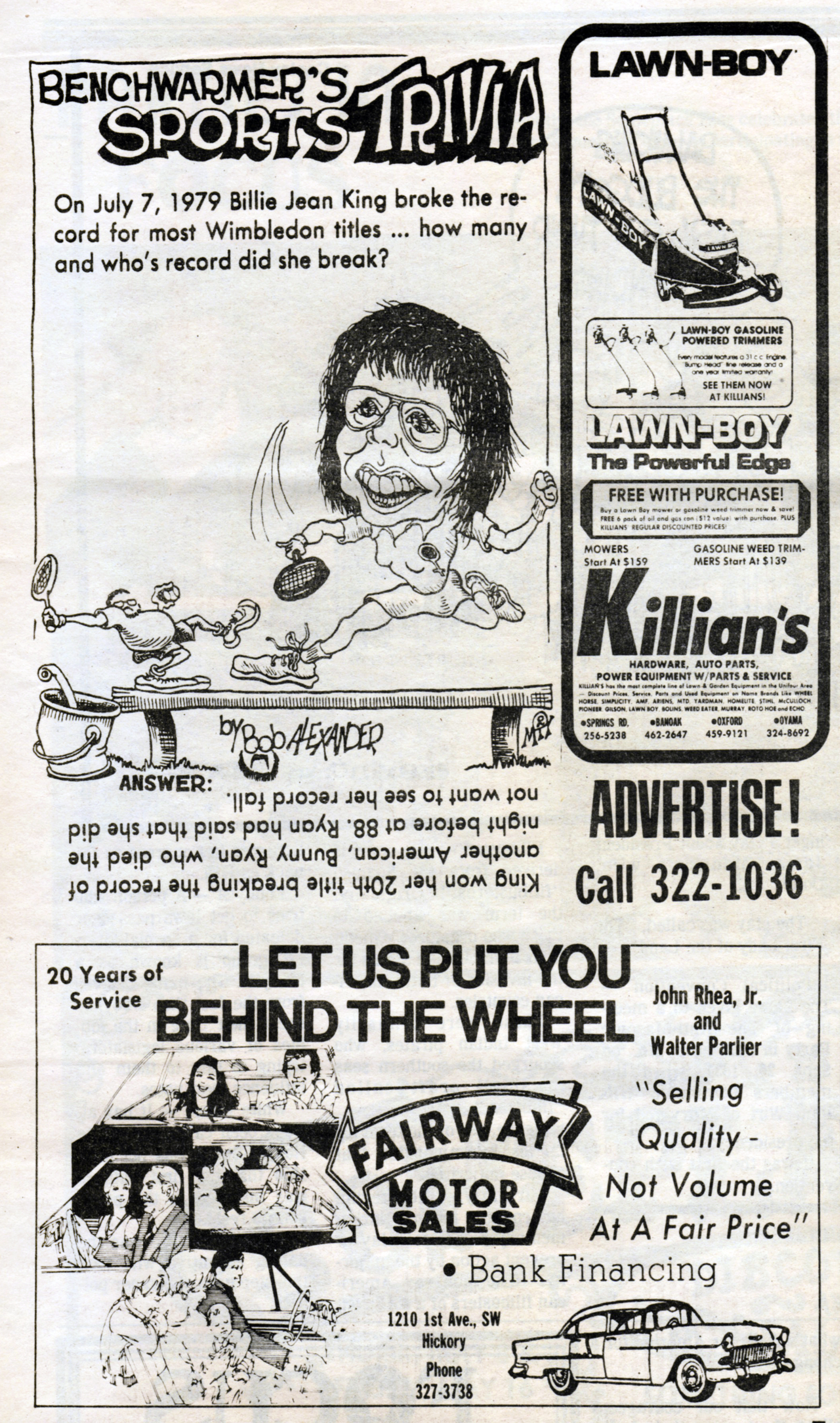 Advertisements for Killian's and Fairway Motor Sales along with Benchwarmer's Sports Trivia.
